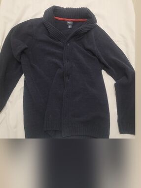 British Khaki Navy Shawl-Collar Cardigan with Red Interior Trim